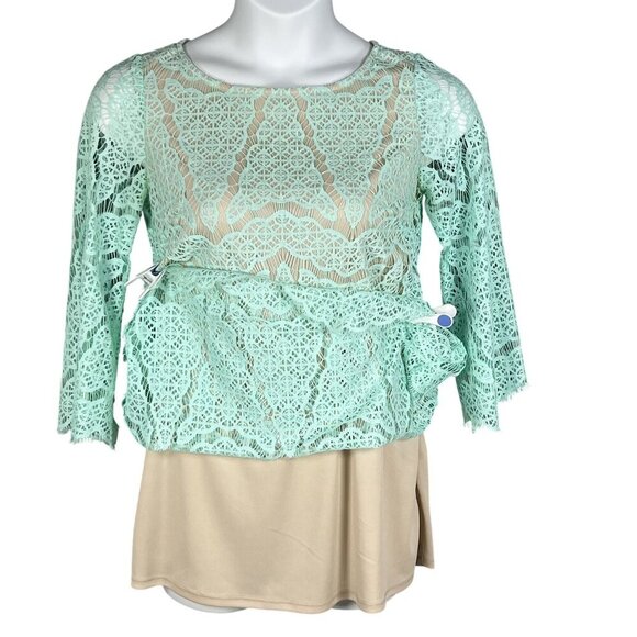 Maia Women 4 Kelly Green Dress Lace Overlay 3/4 Sleeve Nude Lining Scalloped Hem - Picture 5 of 16